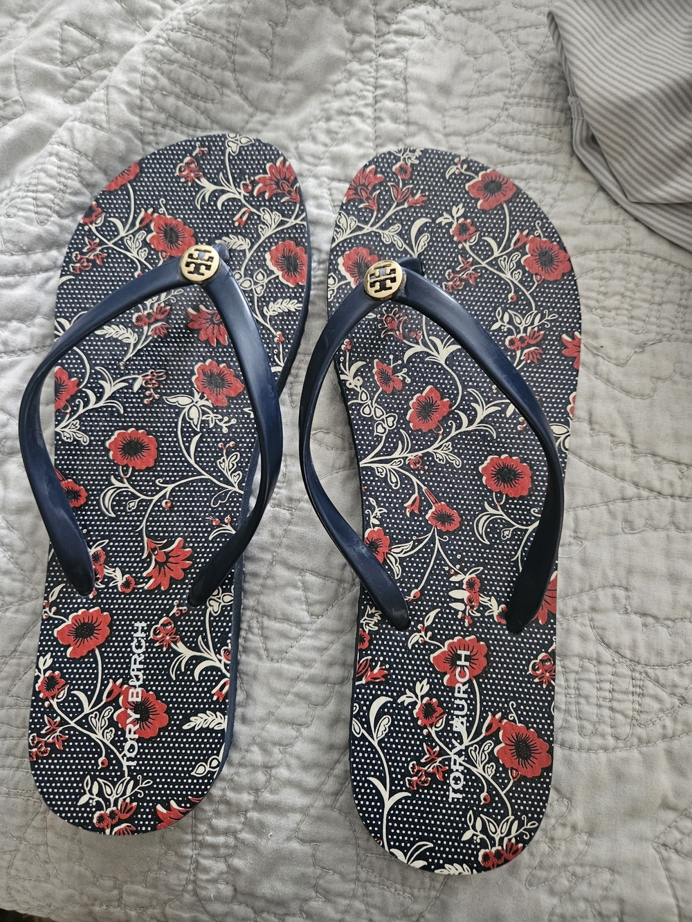Tory Burch Navy and Red Floral Flip Flop Sandals
